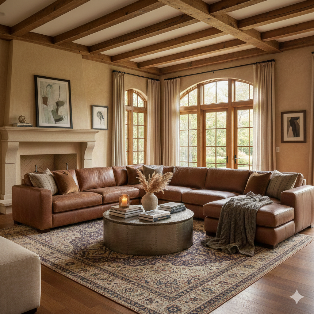 уютная гостиная с кожаным угловым диваном и деревянными балками