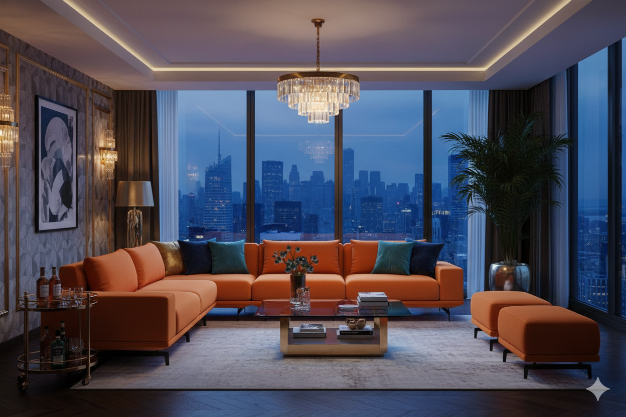 роскошная гостиная с оранжевым диваном и панорамными окнами ночью