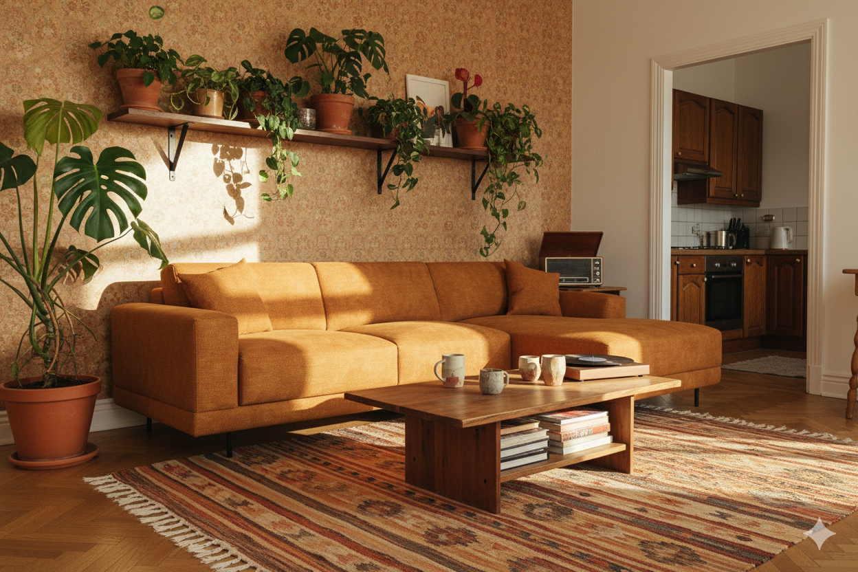 уютная гостиная с оранжевым диваном и комнатными растениями