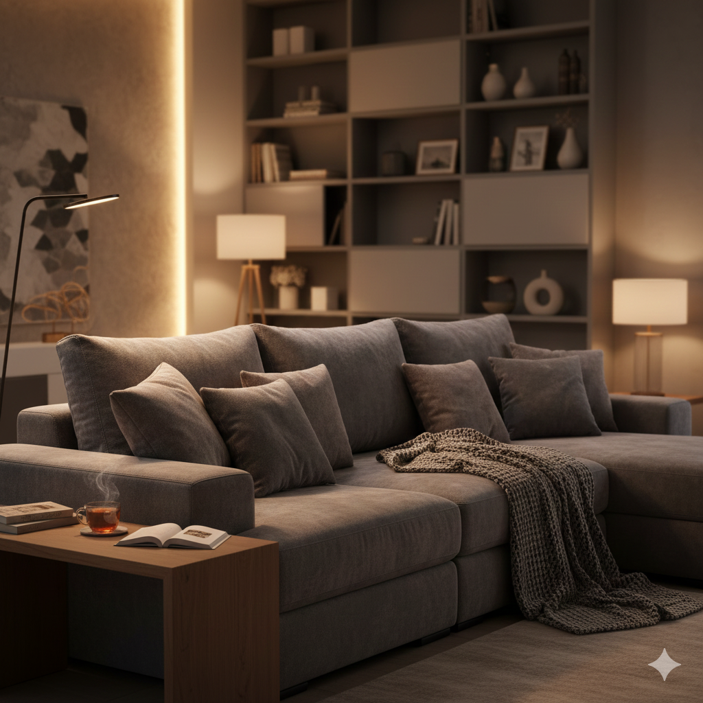 уютная современная гостиная с серым диваном и мягким освещением