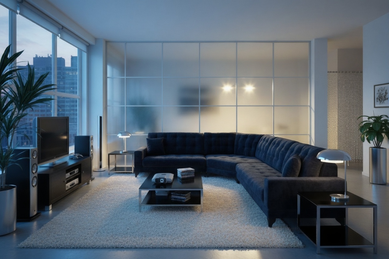 современная гостиная с большим угловым диваном и панорамными окнами