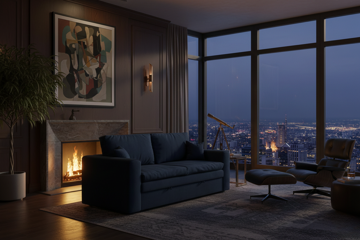 современная гостиная с диваном камином и панорамным видом на ночной город
