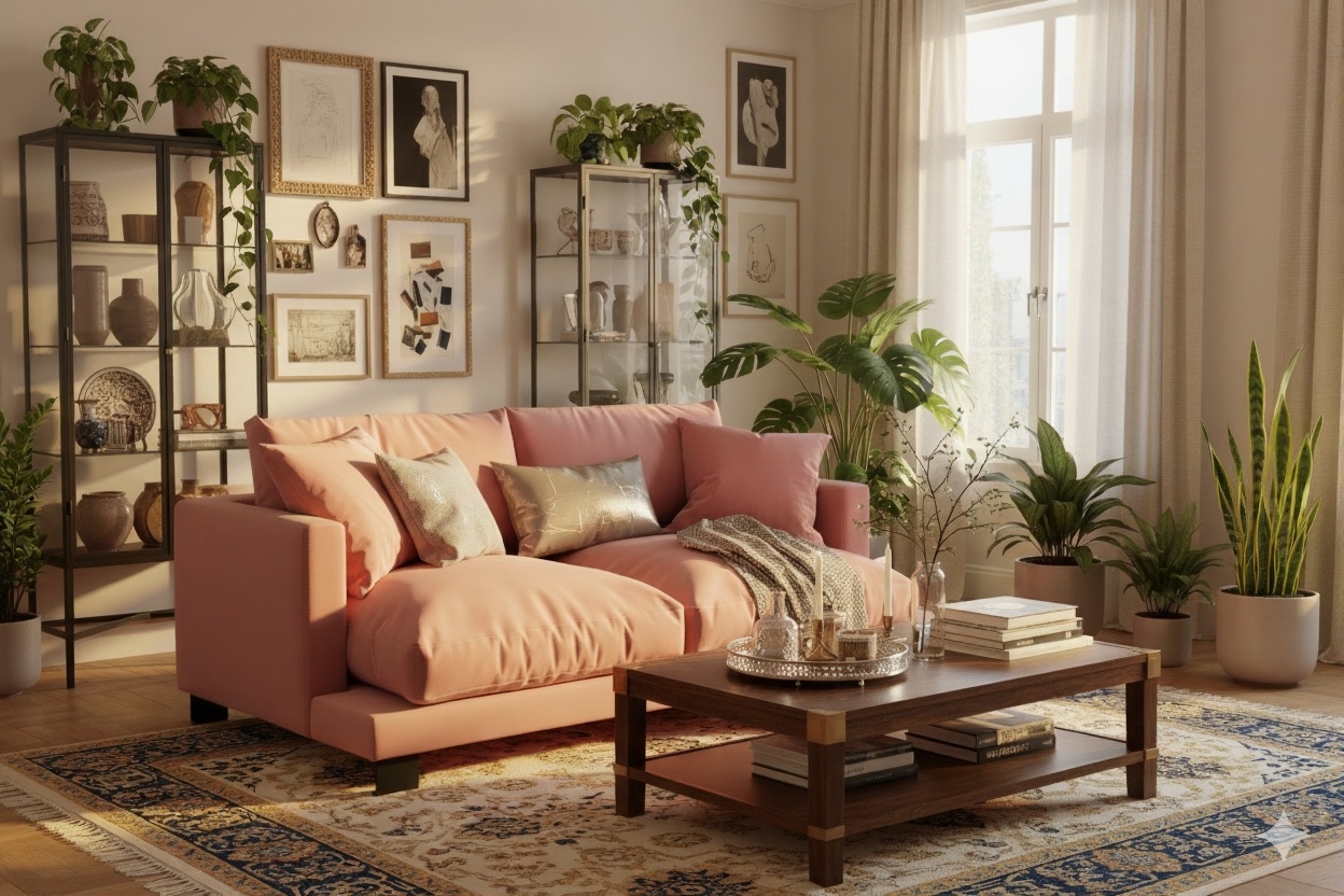 уютная гостиная с розовым диваном и комнатными растениями