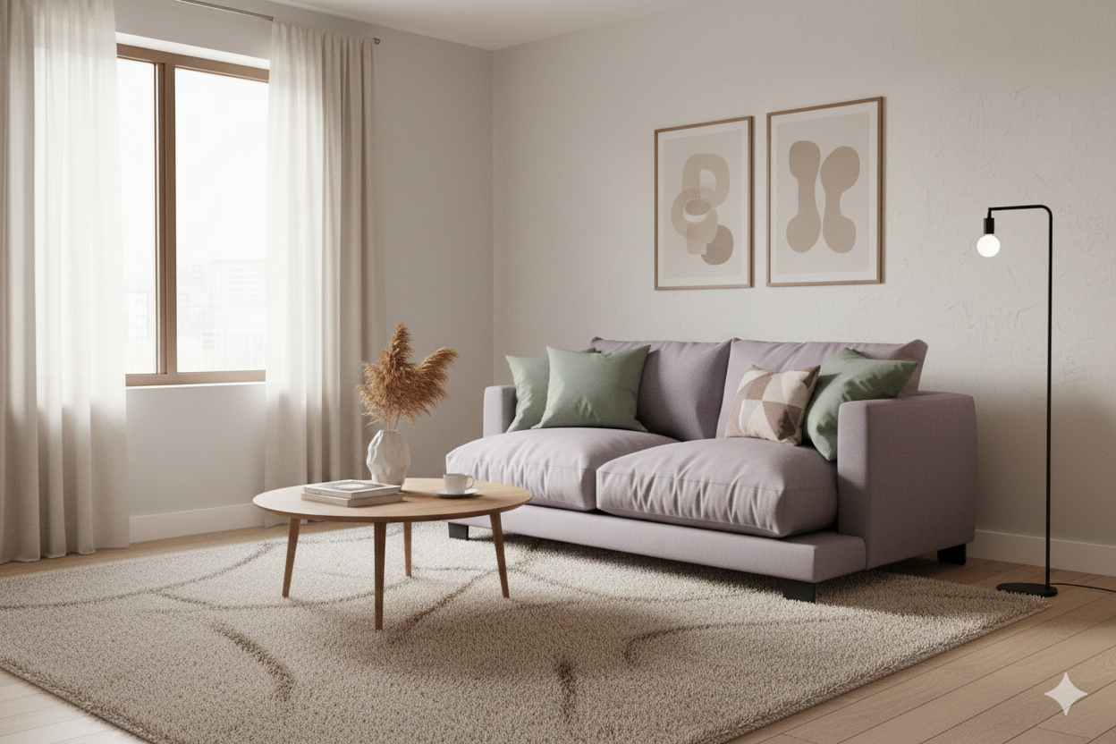 светлая минималистичная гостиная с диваном и журнальным столиком