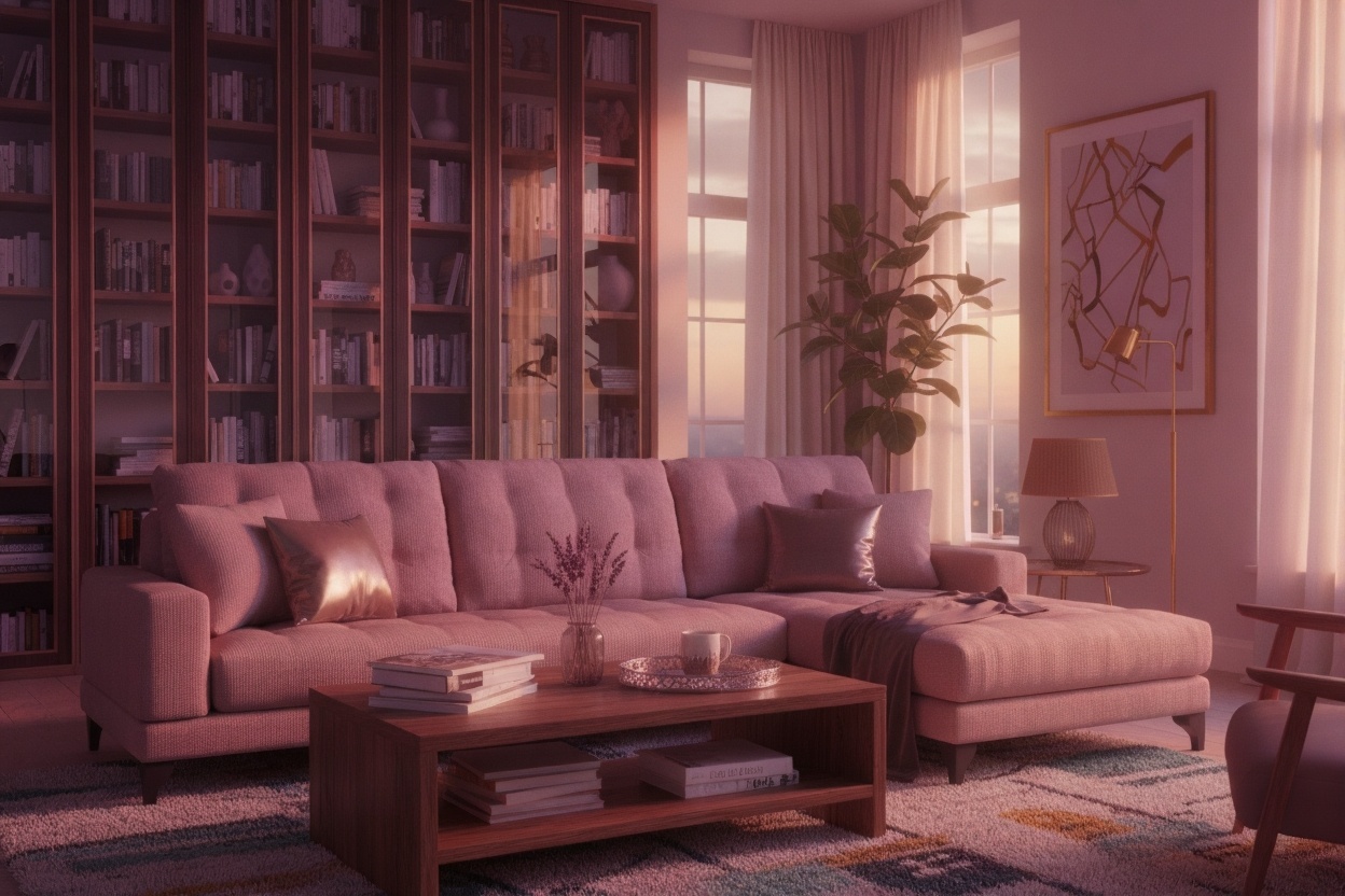 уютная гостиная с розовым диваном книжным шкафом и мягким вечерним светом