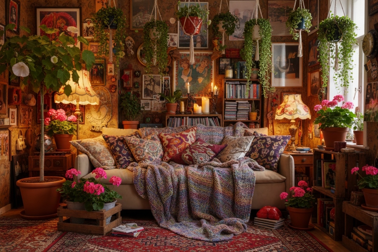 уютная гостиная в стиле бохо с диваном и растениями