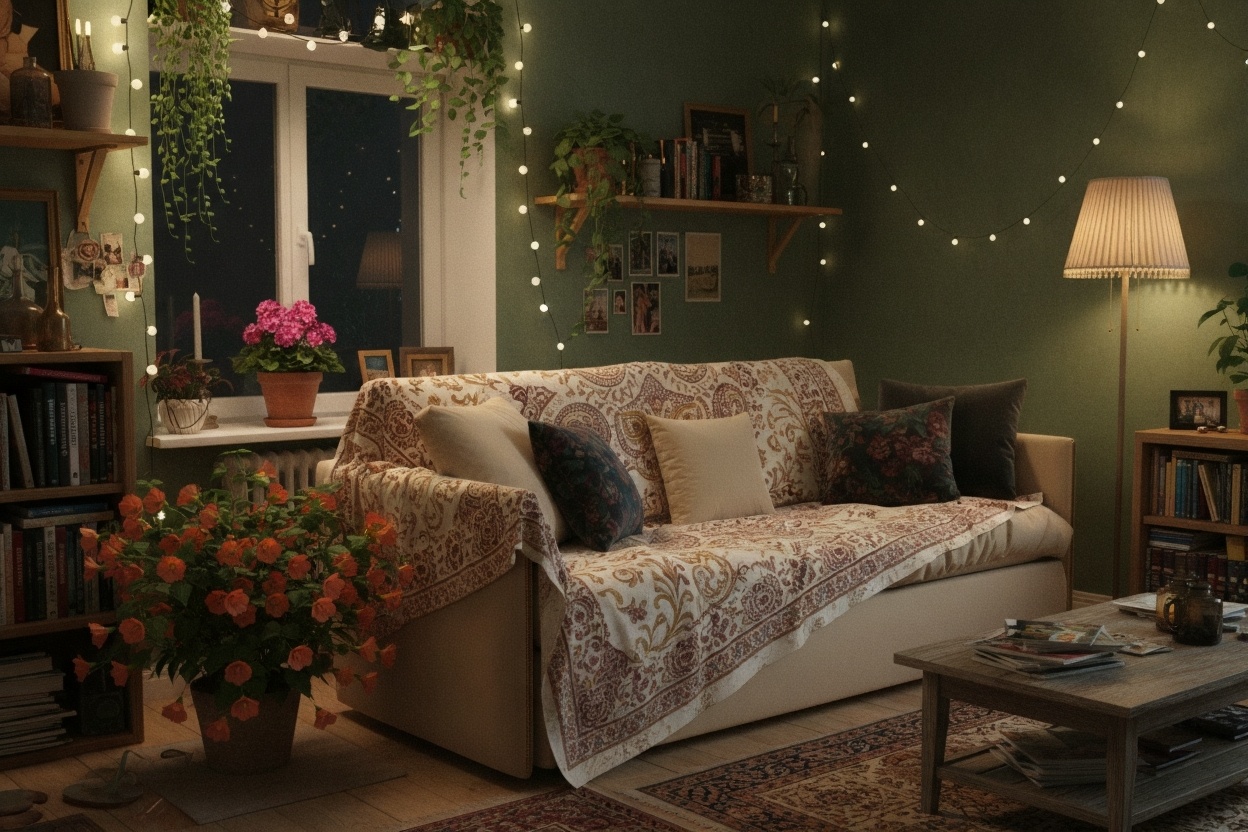 уютная гостиная с диваном, гирляндами и растениями