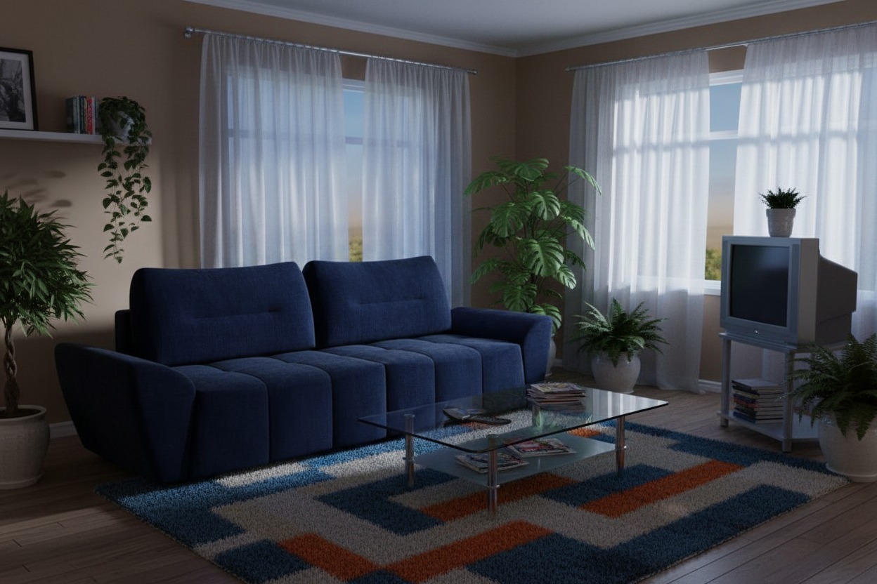 синяя софа в светлой гостиной с растениями