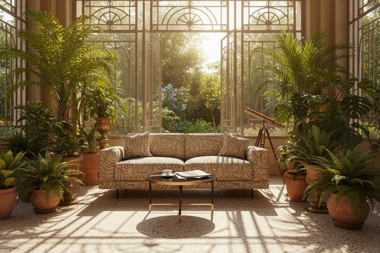 диван в зимнем саду с большими окнами и растениями