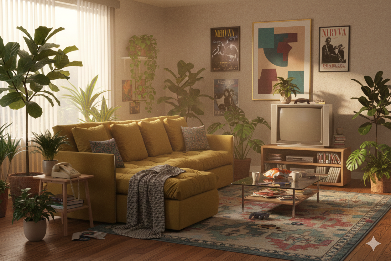 желтый диван в уютной гостиной с растениями