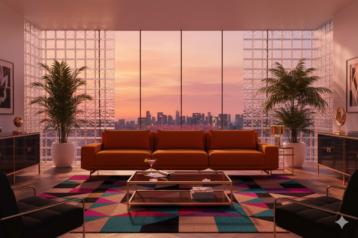 оранжевый диван в современной гостиной с панорамными окнами