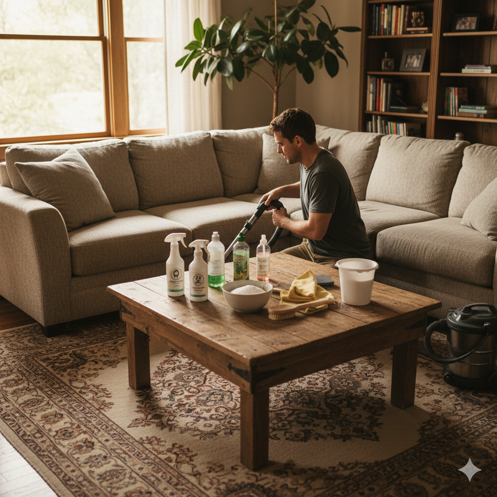человек чистит диван в гостиной с чистящими средствами
