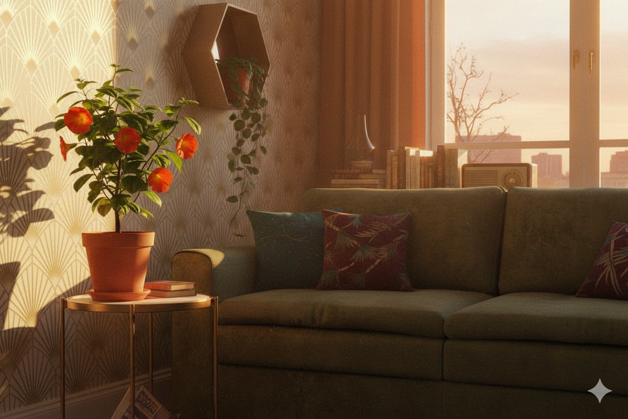 Уютная гостиная с диваном столиком и растением