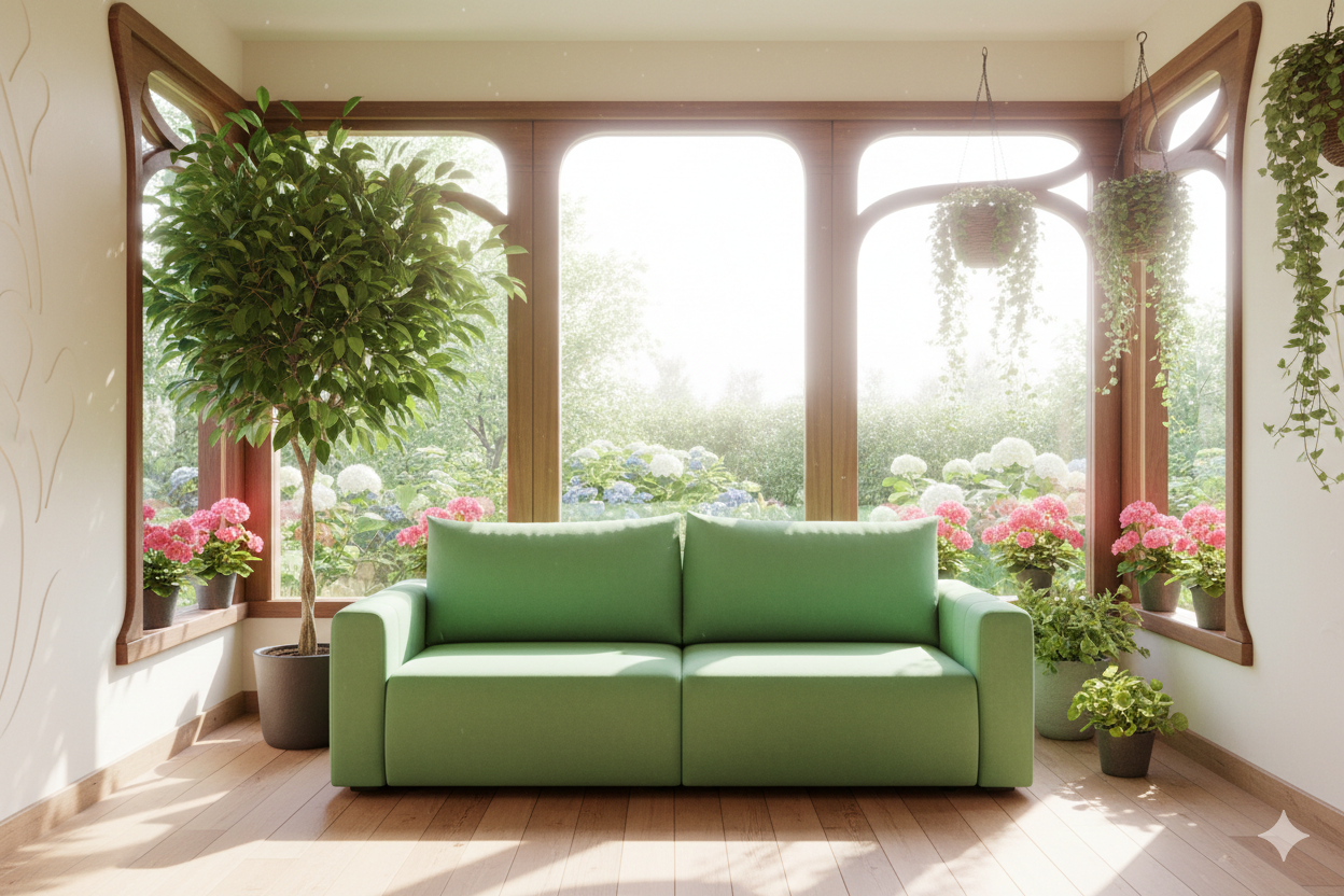 Зеленый диван у панорамного окна с комнатными и садовыми растениями