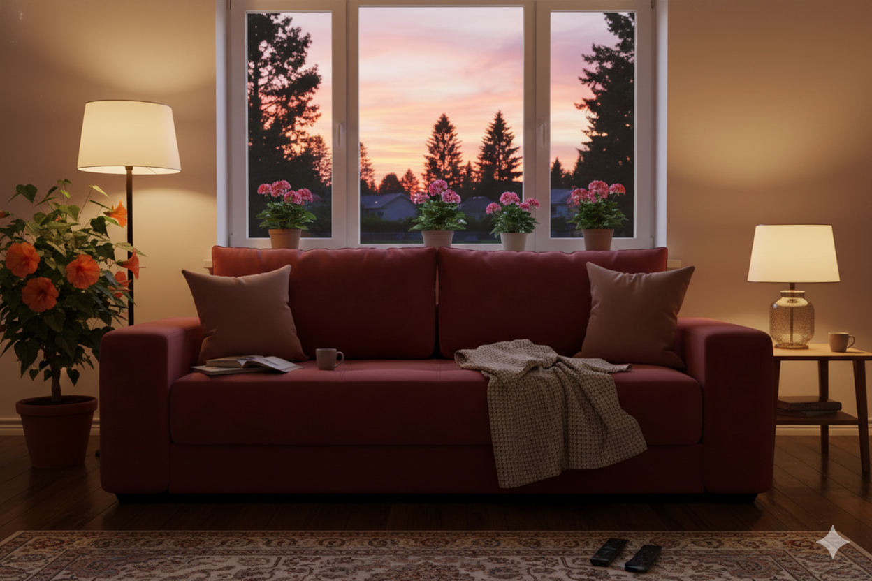 красный диван у окна с закатом и лампами