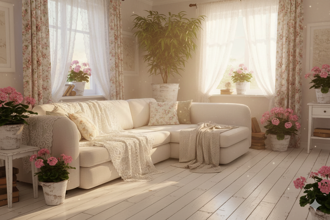 светлая комната с белым диваном и розовыми цветами у окон