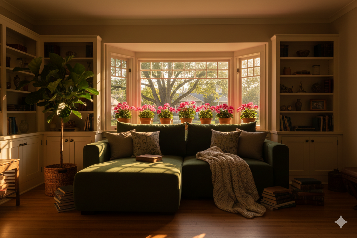 зеленый диван у большого окна с цветами и книгами