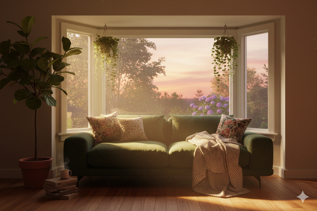 зеленый диван у окна с закатом подушками и растениями