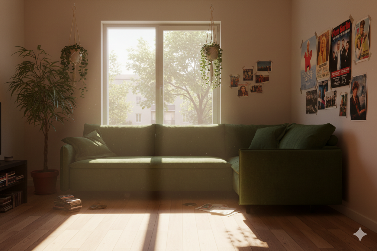зеленый диван у окна с растениями и постерами на стене