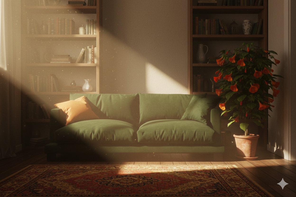 зеленый диван с подушкой и растением у книжных полок