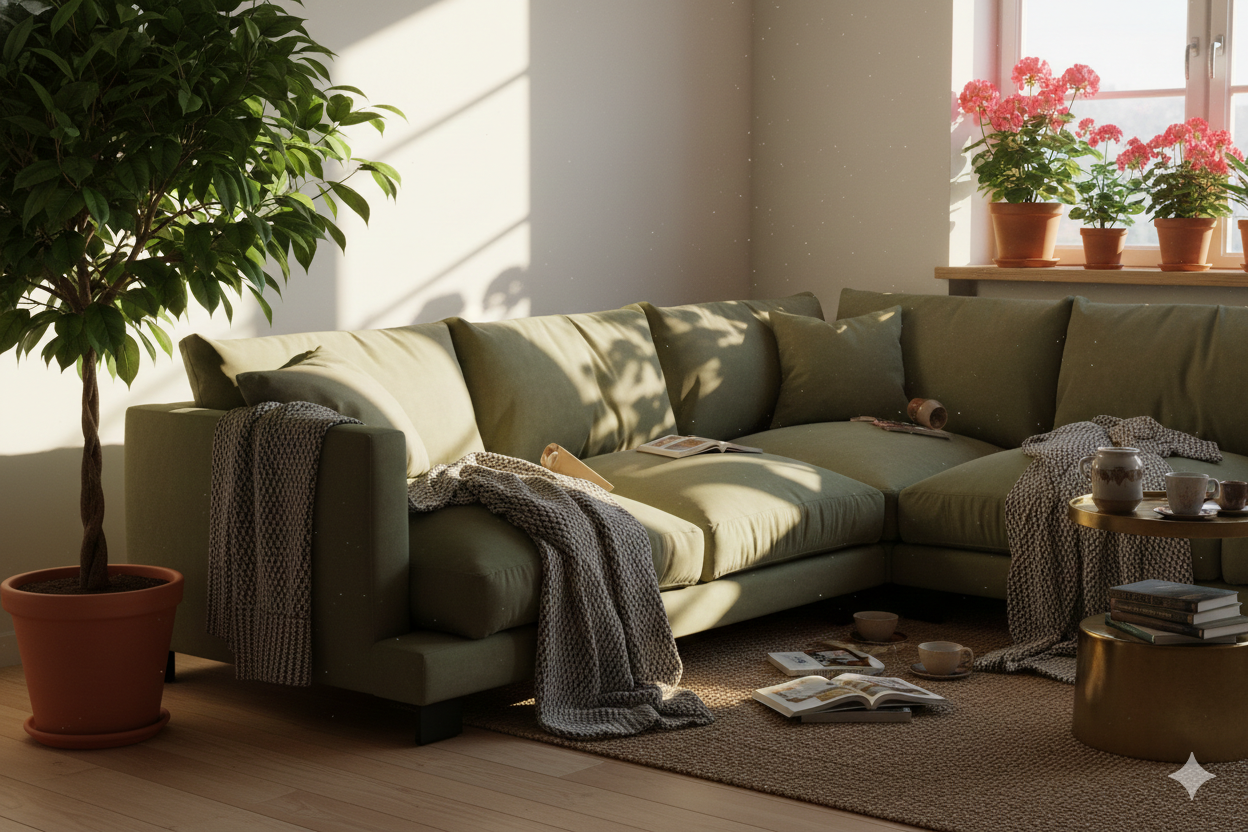 зеленый угловой диван с пледом книгами и растениями у окна