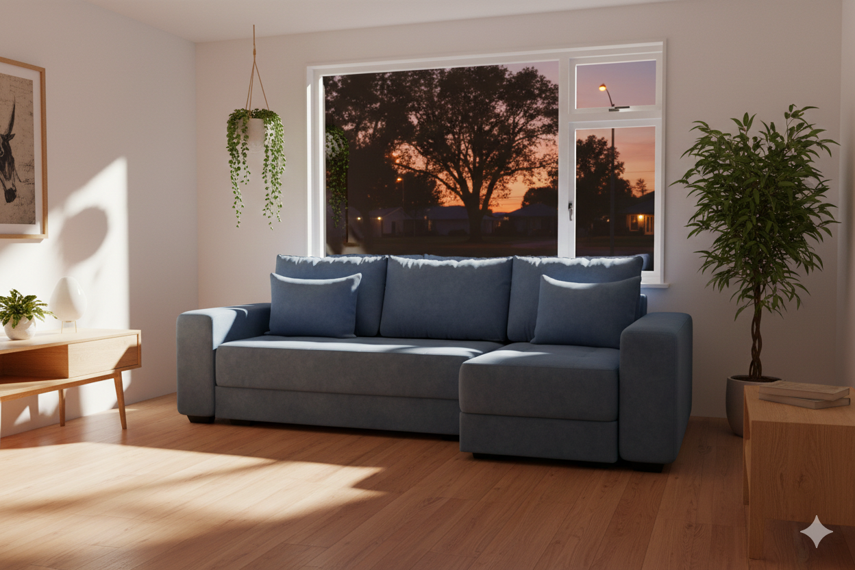 синий диван у окна с вечерним закатом и растениями