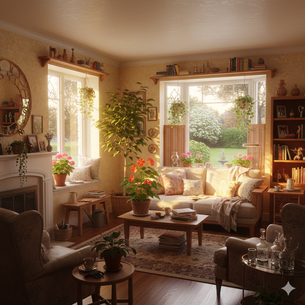 Светлая гостиная с диваном, растениями и закатным светом у больших окон