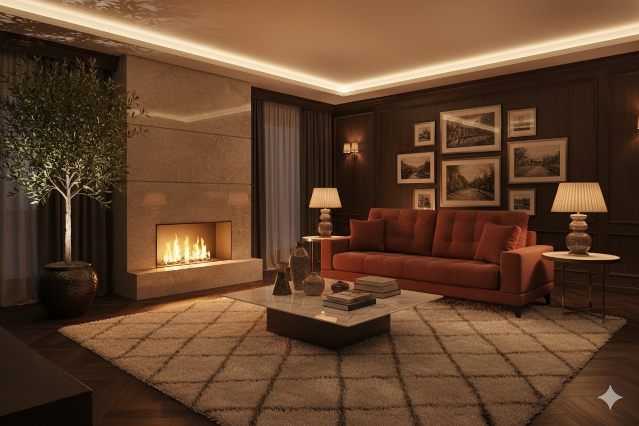 уютная гостиная с камином и диваном в теплых тонах