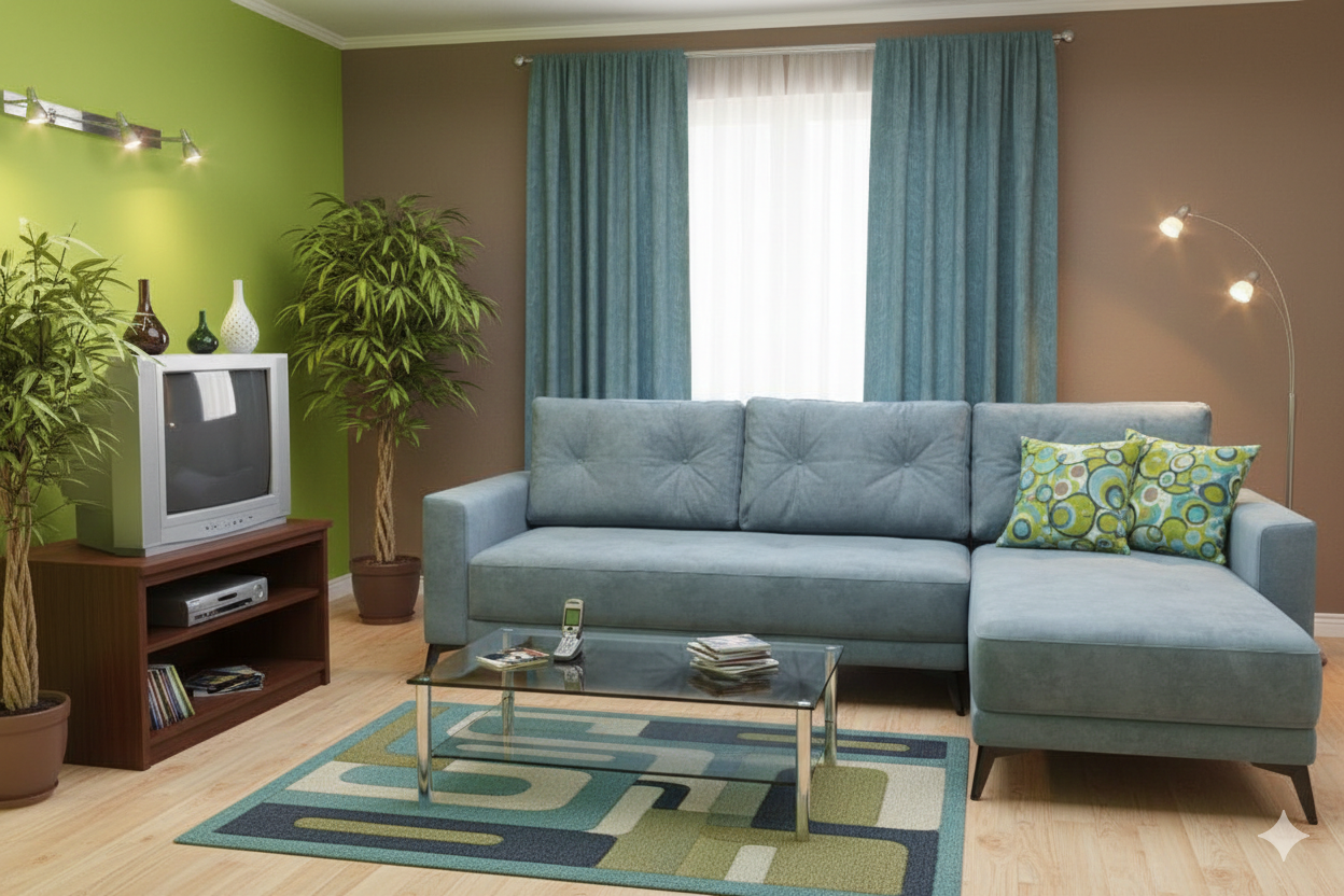 Гостиная с голубым угловым диваном, стеклянным столиком, ковром, телевизором и зелёной стеной с растениями.