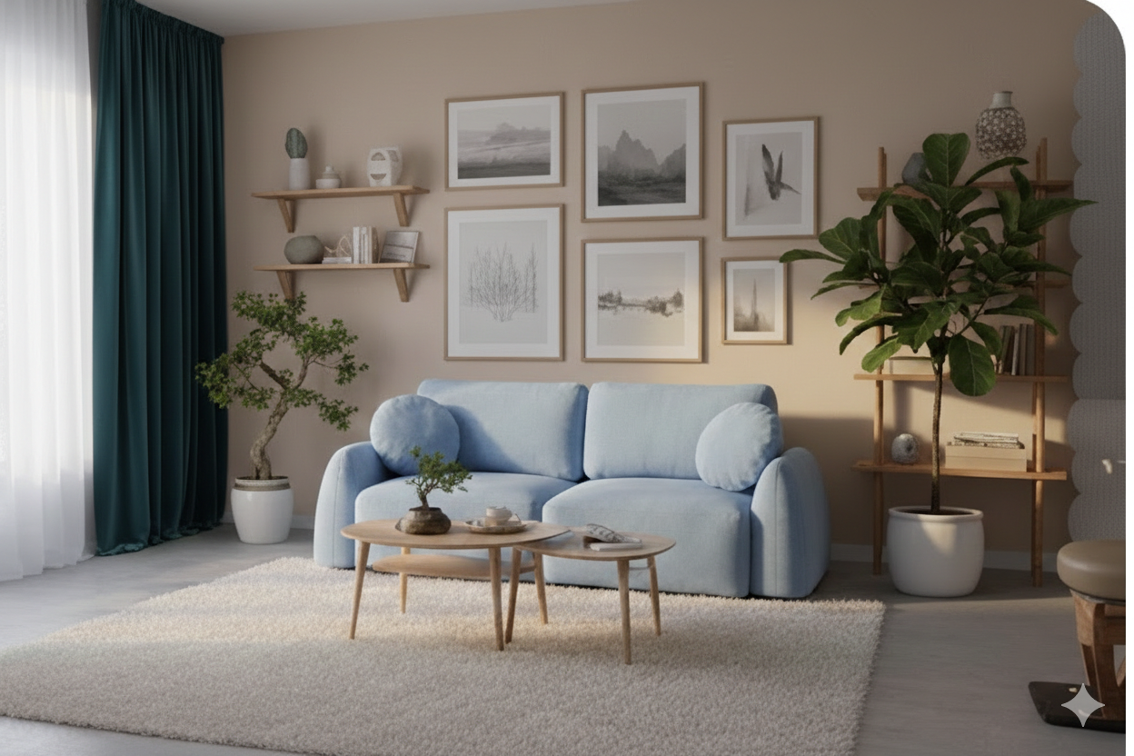Светлая гостиная с голубым диваном, двумя журнальными столиками, картинами на стене и комнатными растениями.