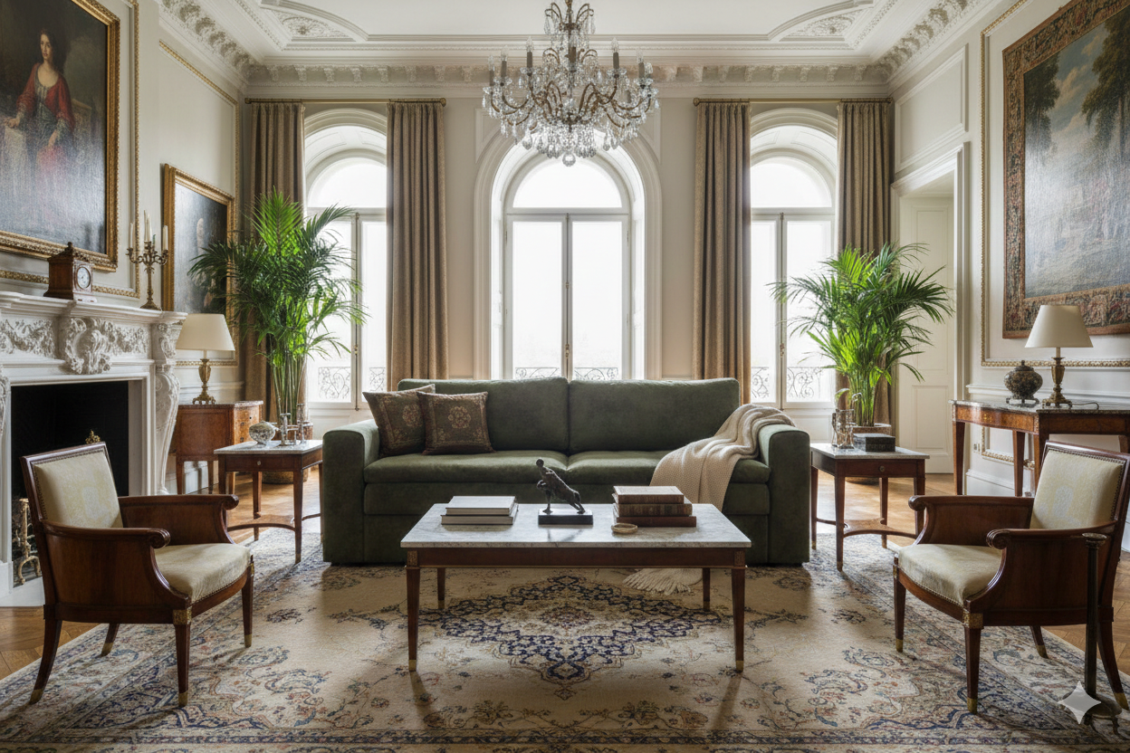 Классическая гостиная с зелёным диваном, люстрой, арочными окнами, камином и креслами на ковре.