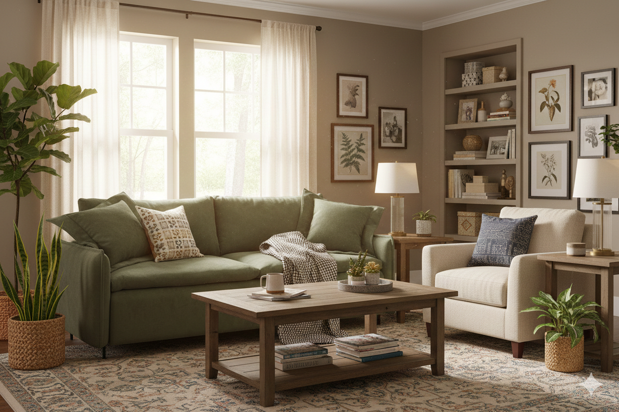 Уютная гостиная с зелёным диваном, светлым креслом, деревянным столиком, растениями и книжными полками.
