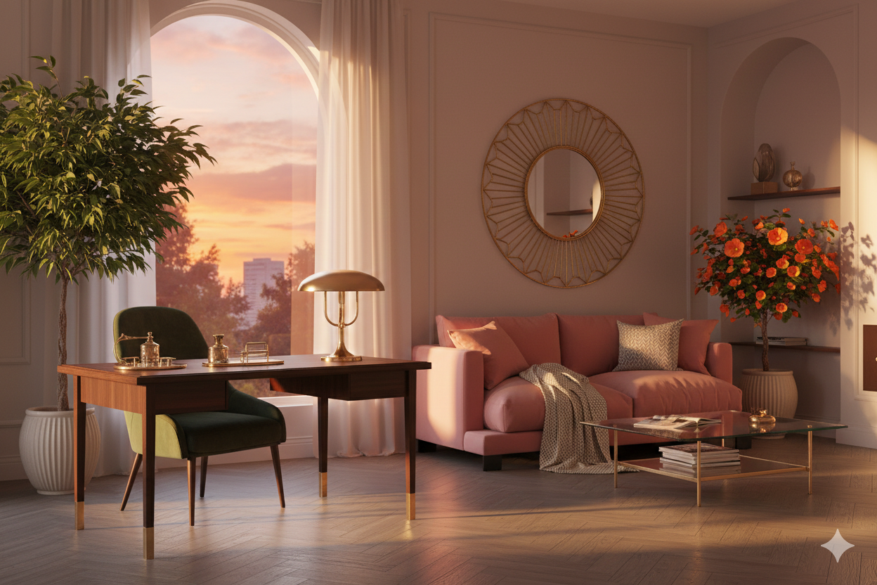 Уютная гостиная на закате с розовым диваном, рабочим столом, круглым зеркалом, стеклянным столиком и комнатными растениями.