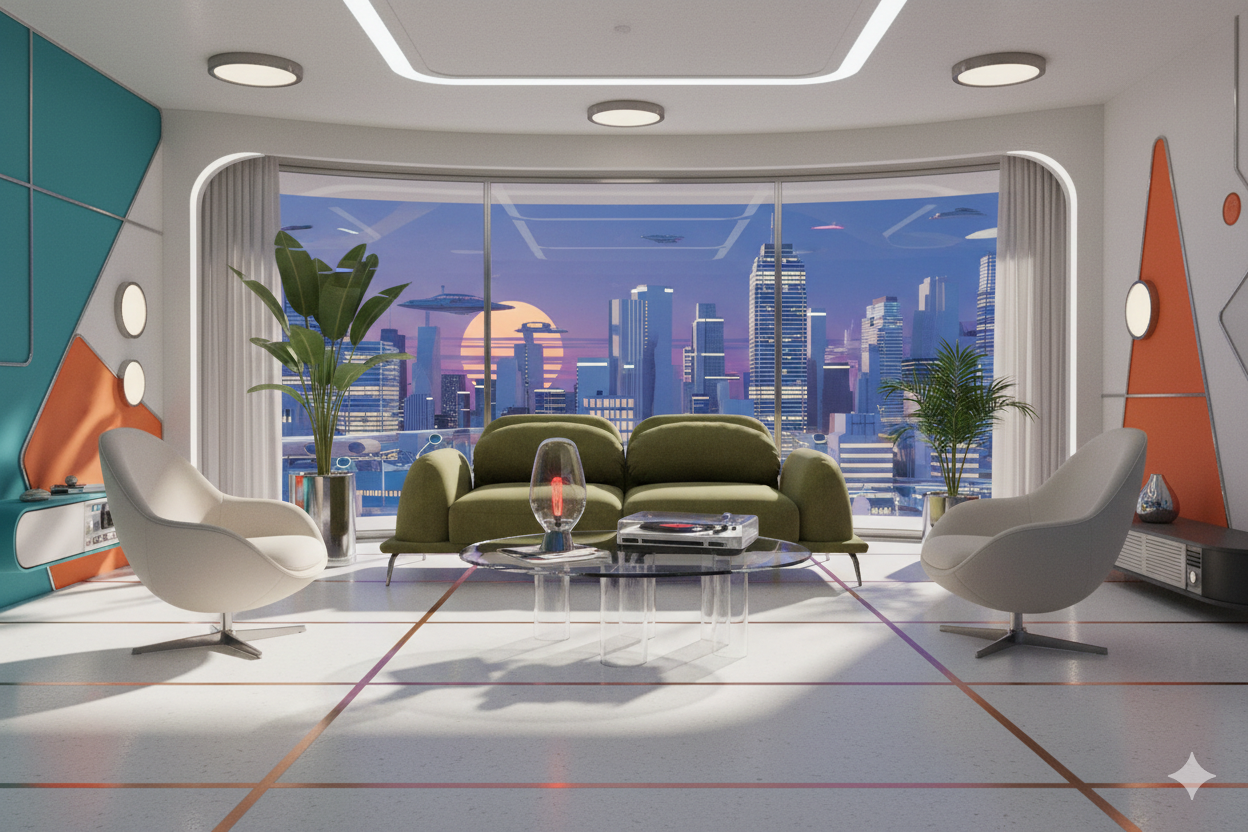 Футуристическая гостиная с зелёным диваном и белыми креслами у панорамного окна с видом на город и летающие корабли.