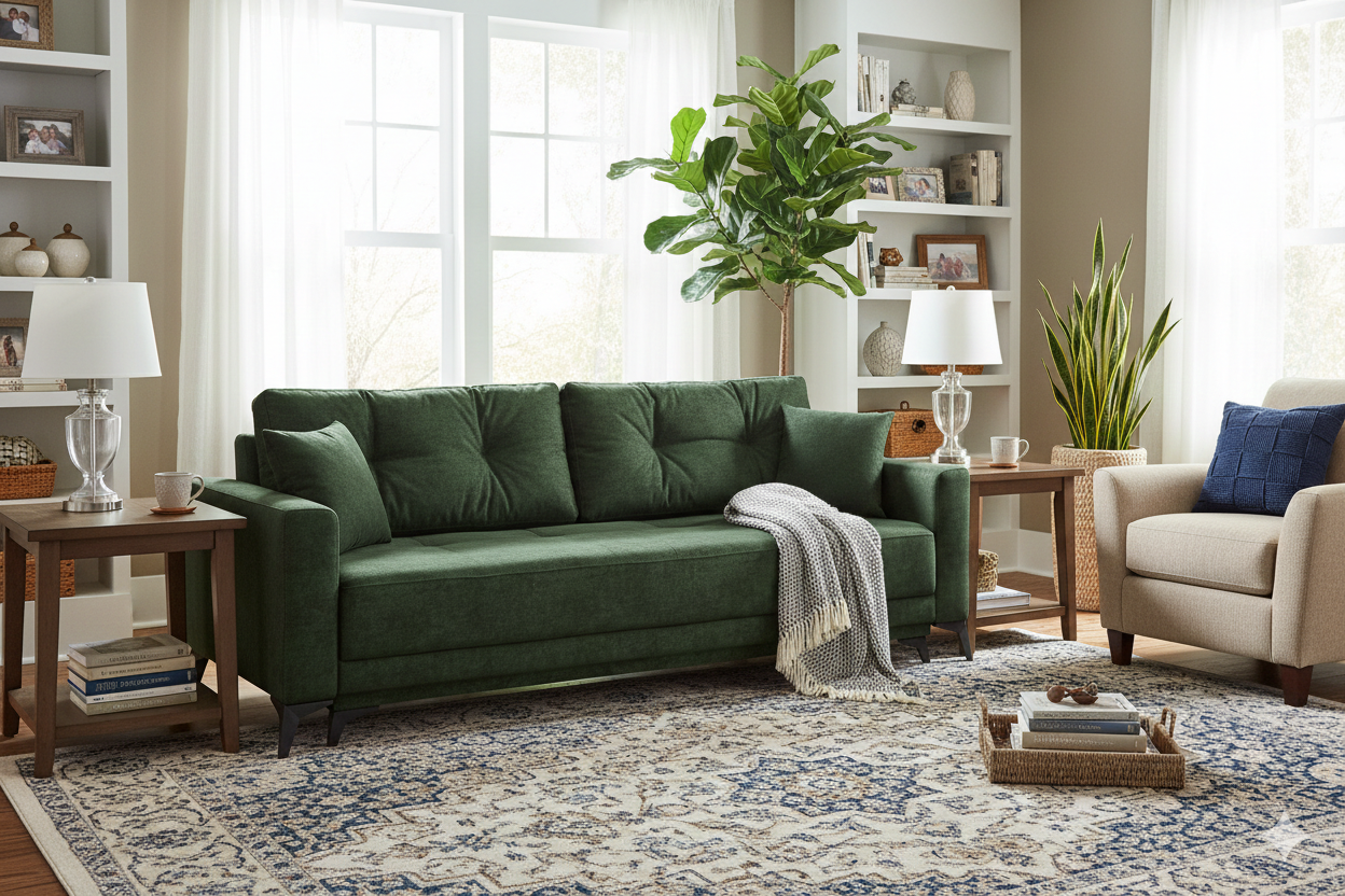 Уютная светлая гостиная с тёмно-зелёным диваном, креслом, растениями, торшерами и ковром с узором.