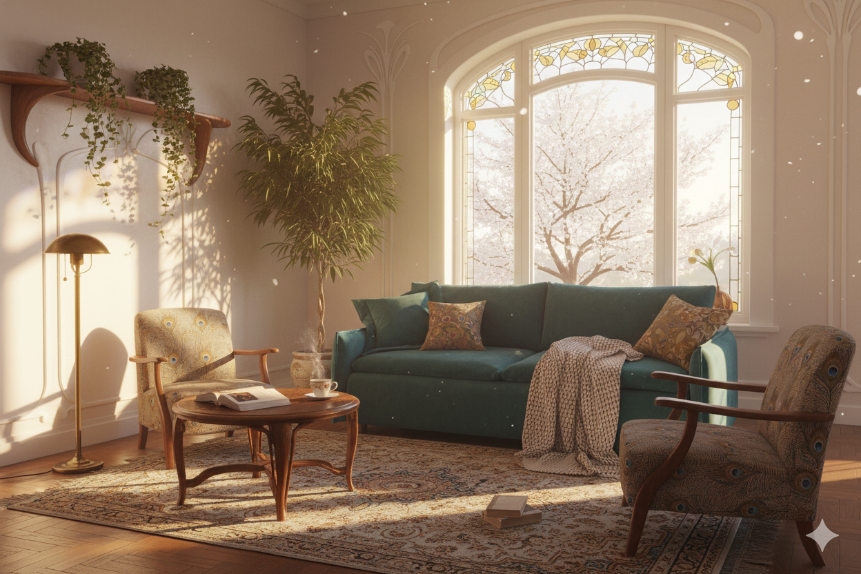 Светлая гостиная в винтажном стиле с бирюзовым диваном, креслами, круглым столиком и большим окном с витражом.