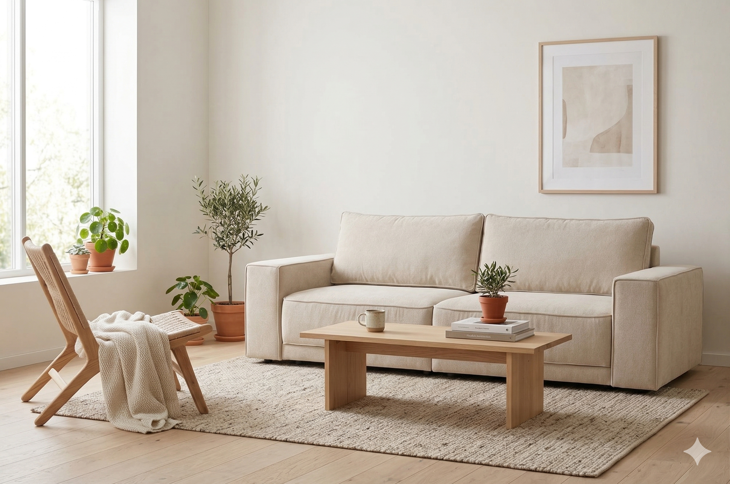 Светлый диван в уютной гостиной