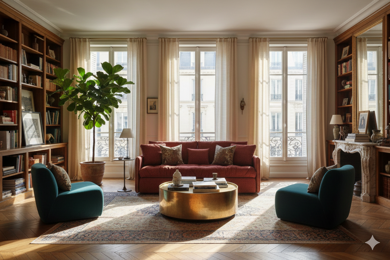 просторная гостиная с диваном креслами и большими окнами