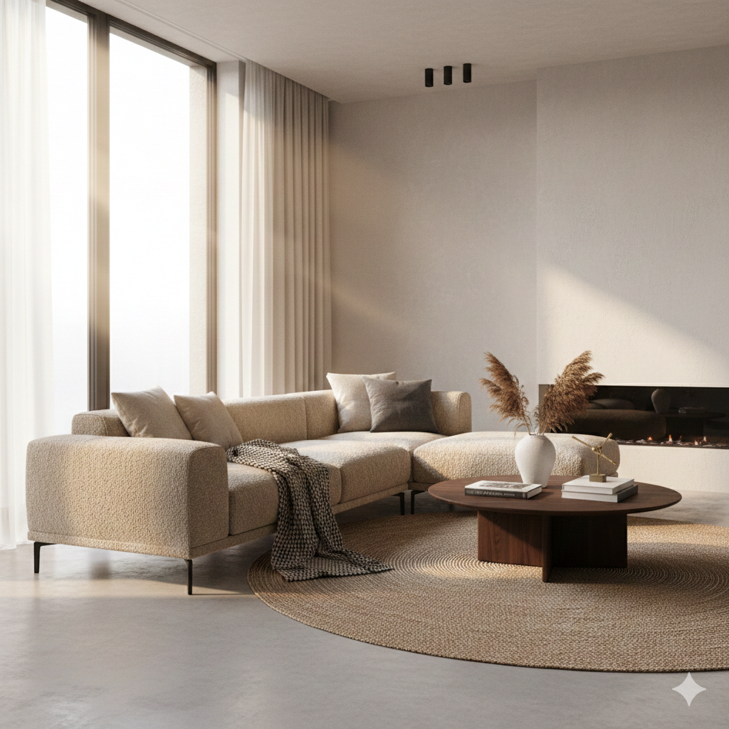 современная гостиная с угловым диваном и камином